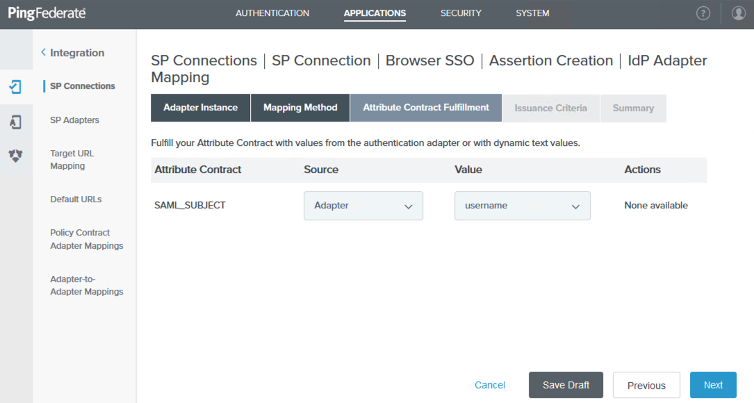 A screen capture of the Attribute Contract Fulfillment tab in the administrative console.