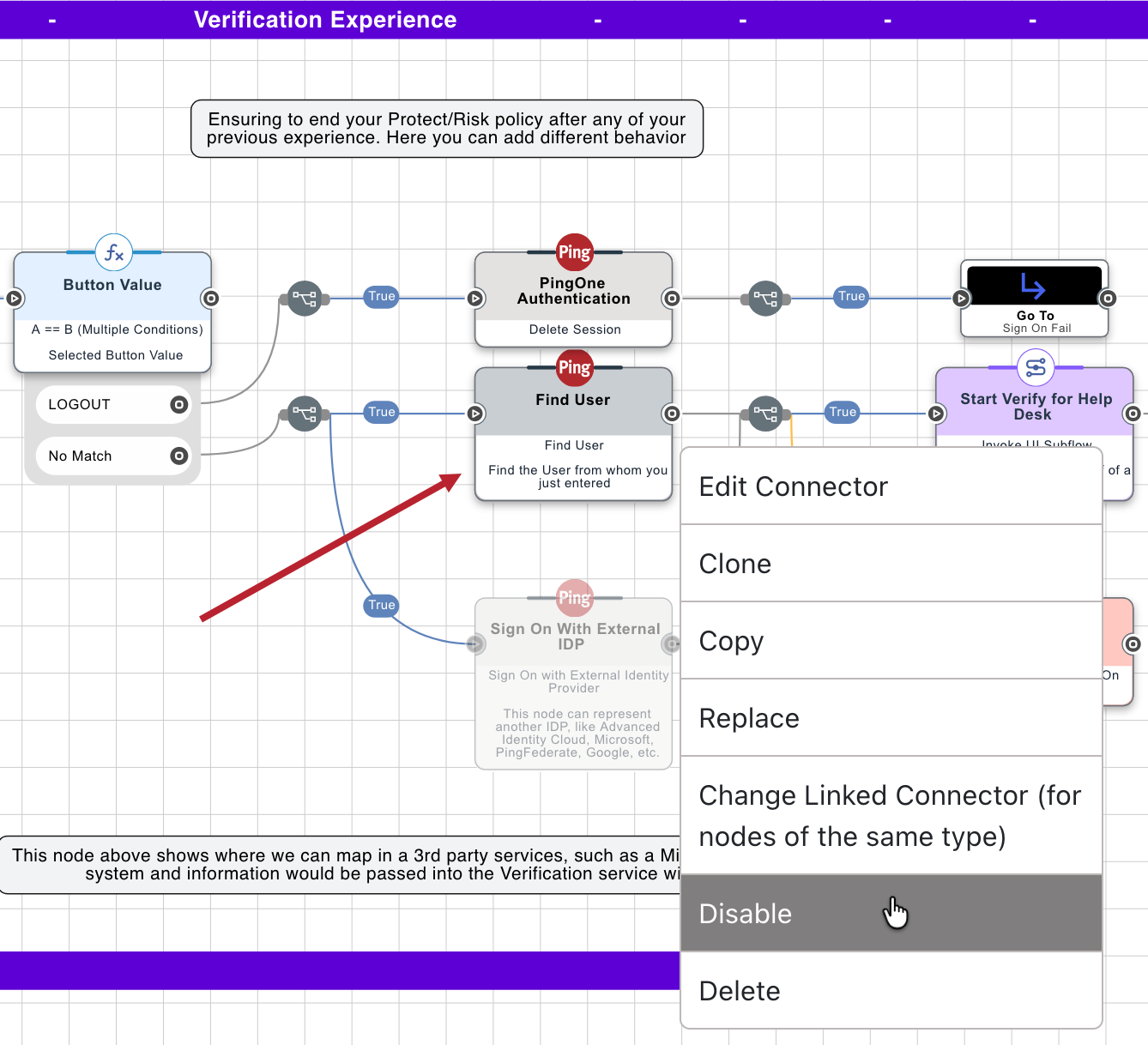 A screenshot of the DaVinci canvas with the context-sensitive menu displayed for the Find User connector. The Disable option is highlighted.