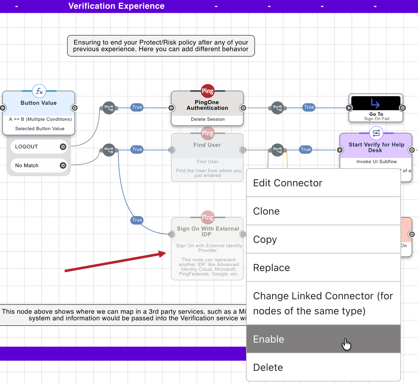 A screenshot of the DaVinci canvas with the context-sensitive menu displayed for the Sign On with External Identity Provider connector. The Enable option is highlighted.