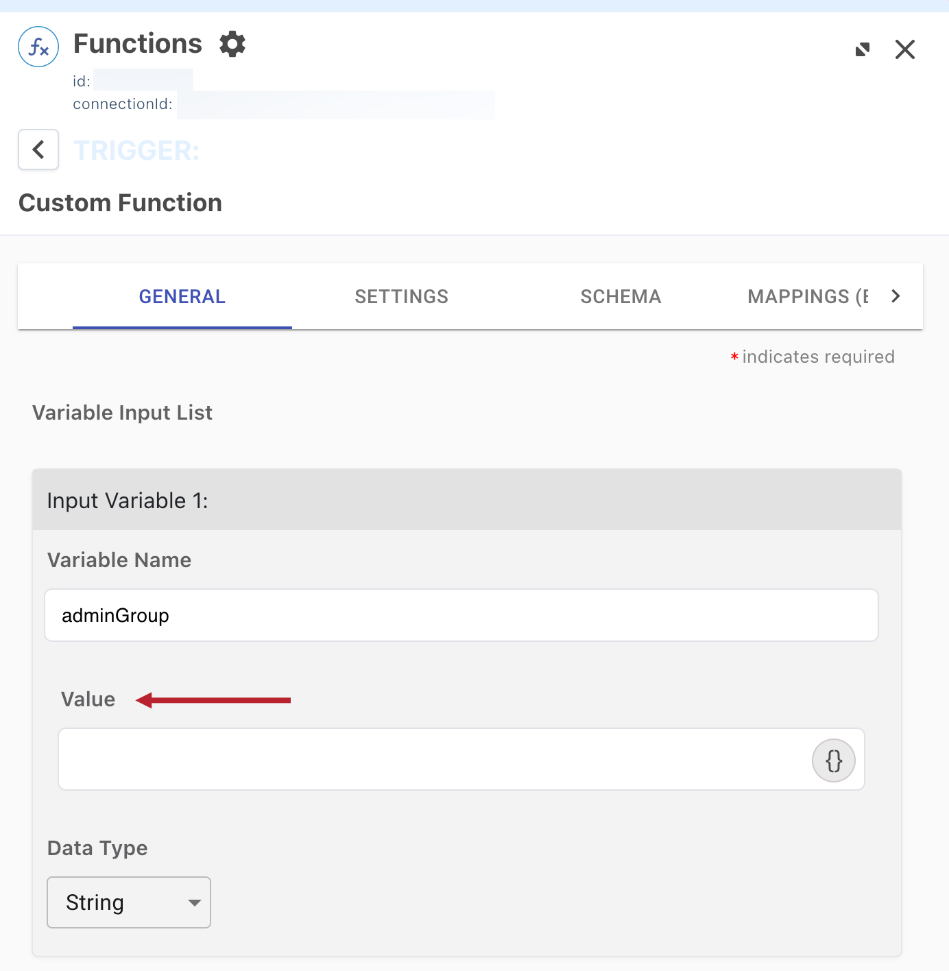 A screenshot of the Functions configuration panel with the Value field for Input Variable 1 highlighted.