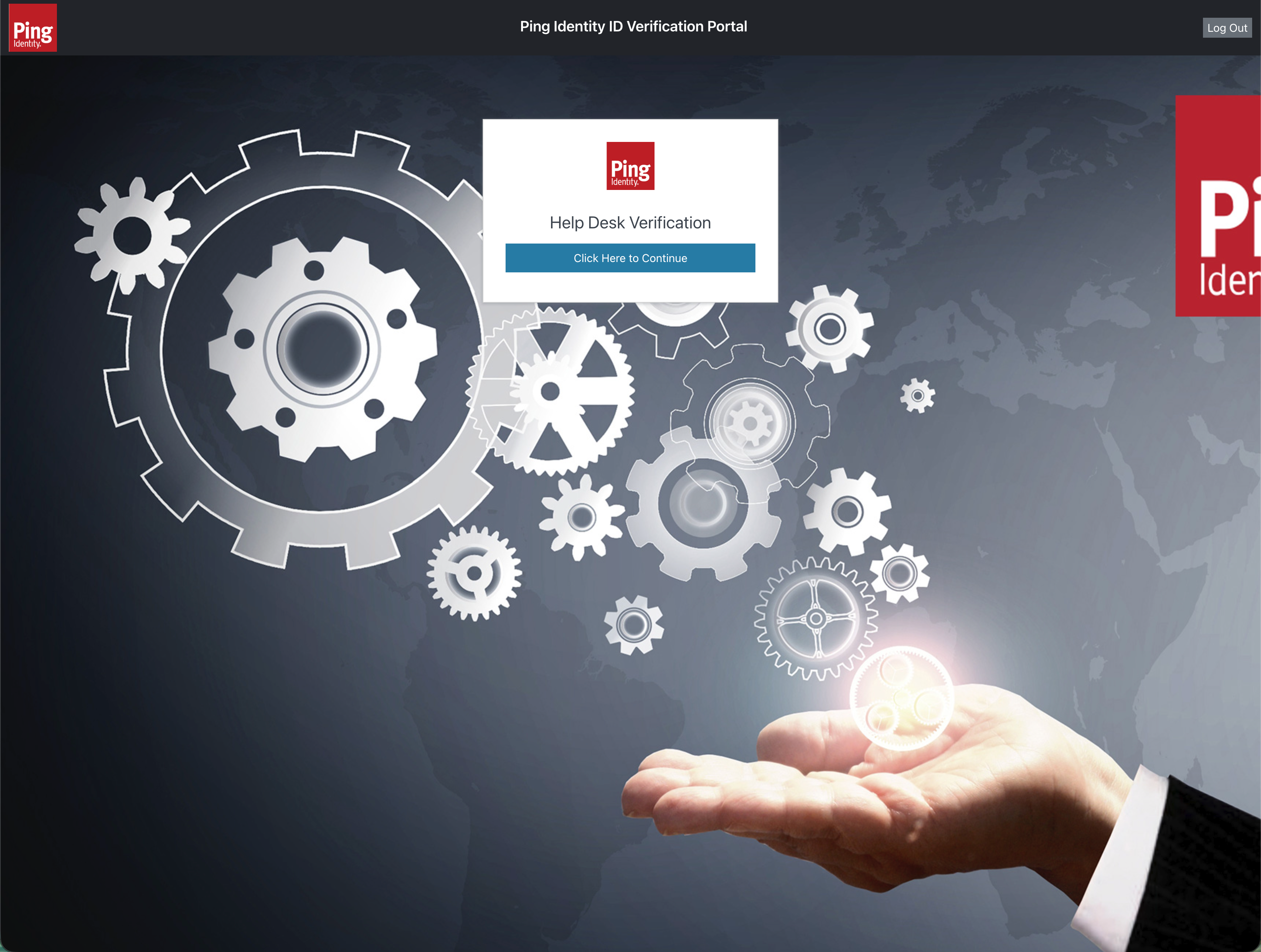 A screenshot of the Help Desk Verification page with a Continue button.