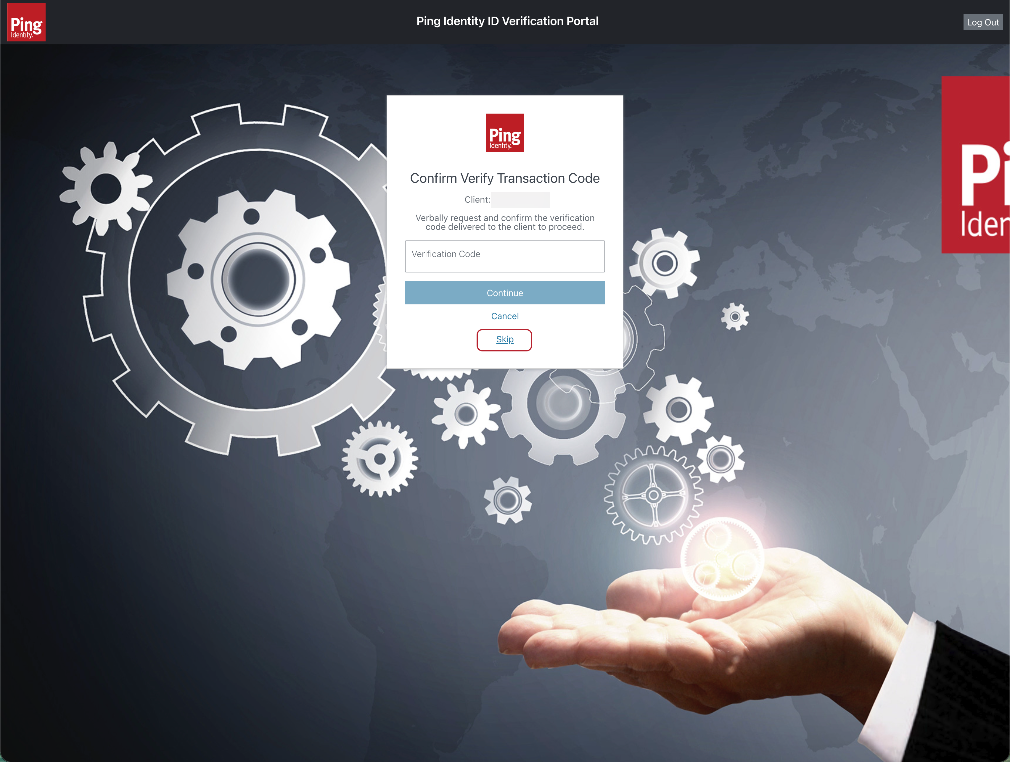 A screenshot of the Confirm Verify Transaction Code page with the Skip option highlighted.