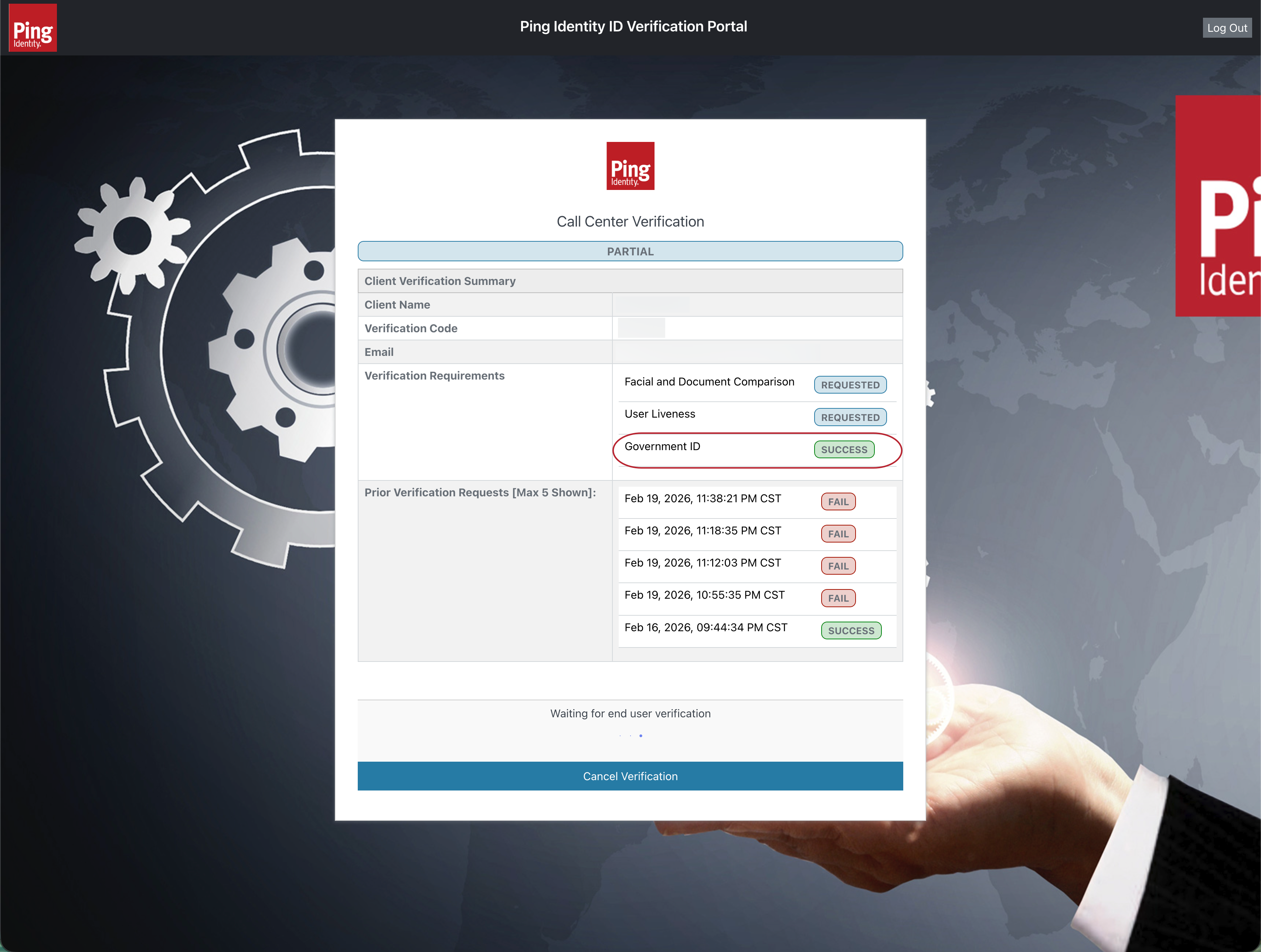 A screenshot of the Call Center Verification page with a Success status chip next to Government ID in the Verification Requirements section.