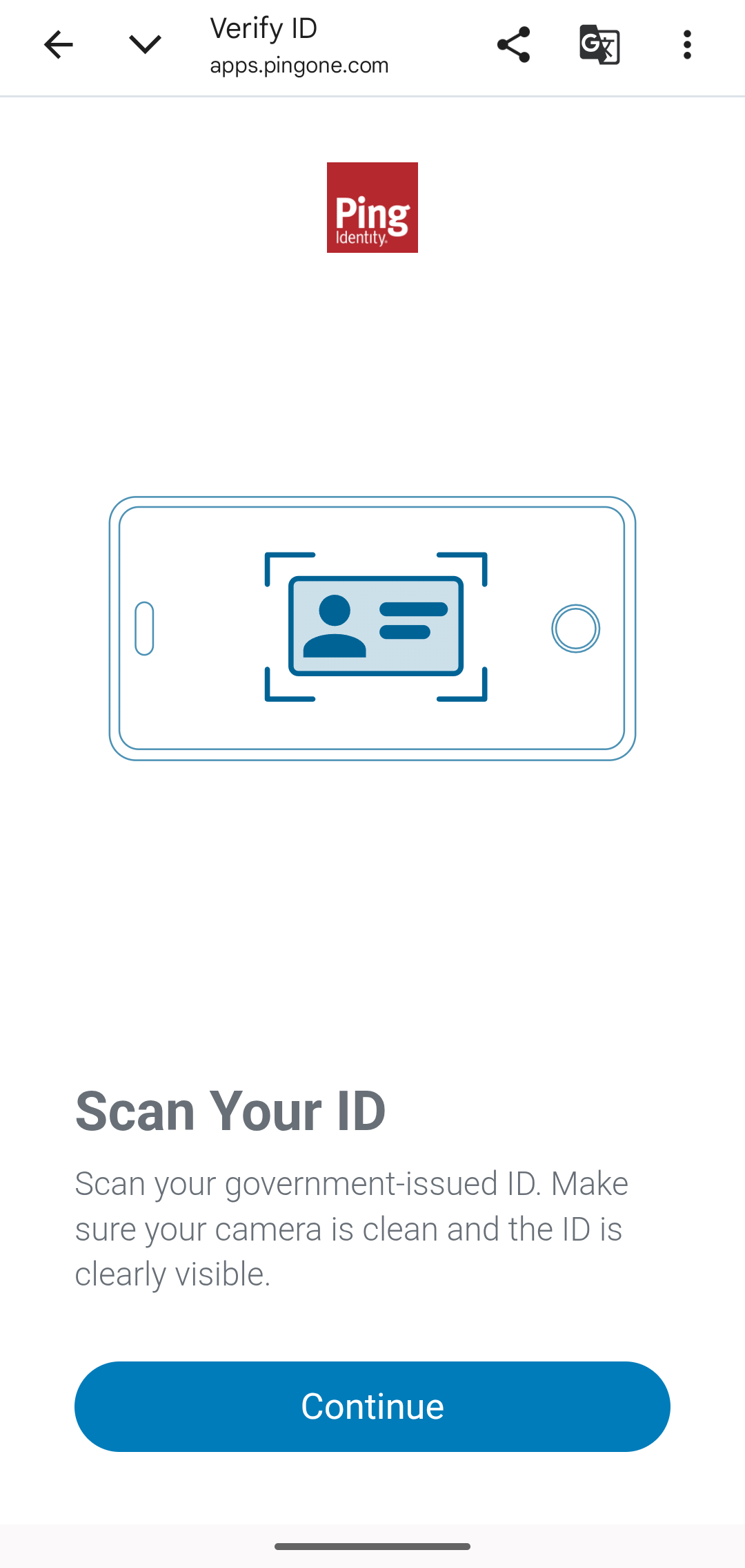 A screenshot of the Scan Your ID screen on a mobile device with a Continue button.