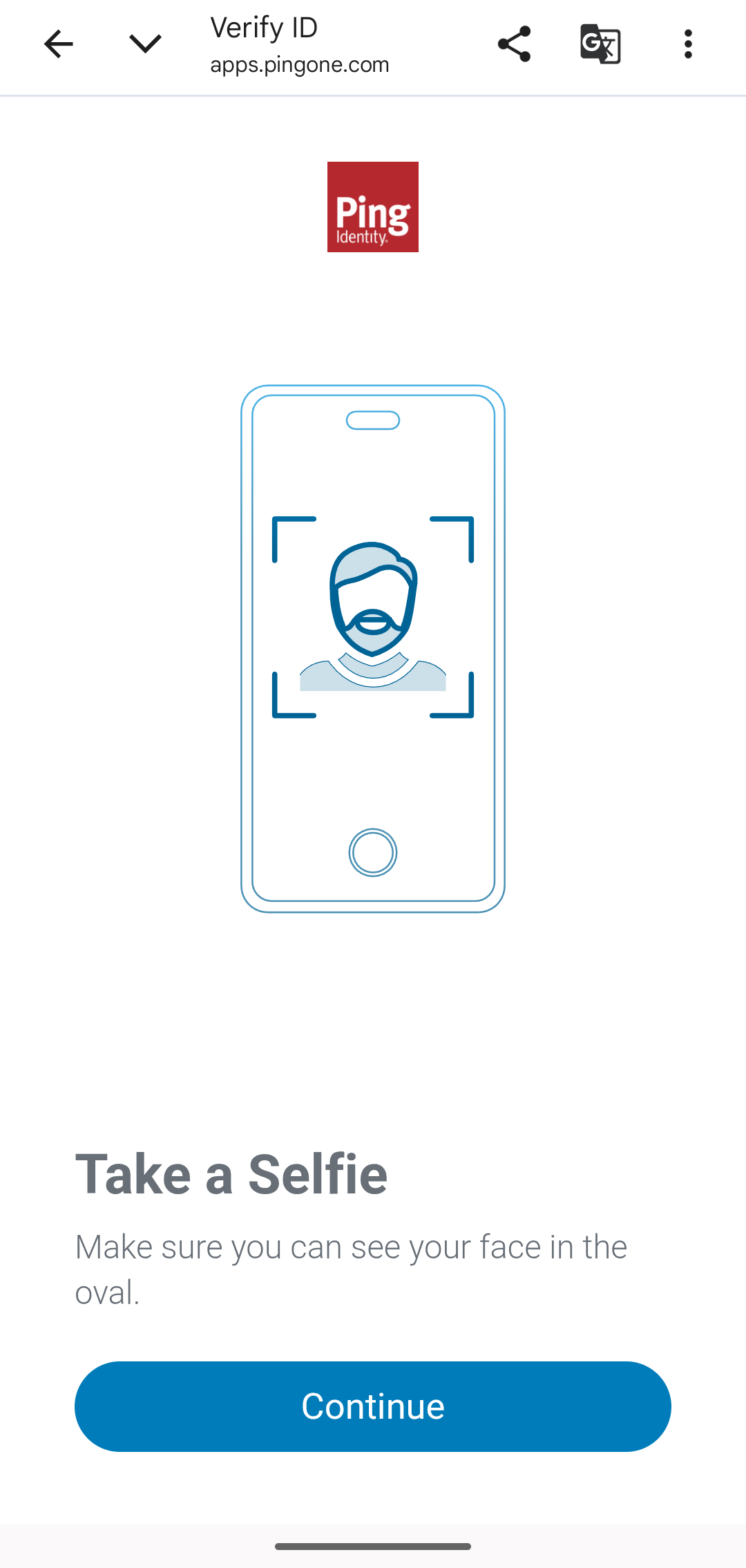 A screenshot of the Take a Selfie screen on a mobile device with a Continue button.