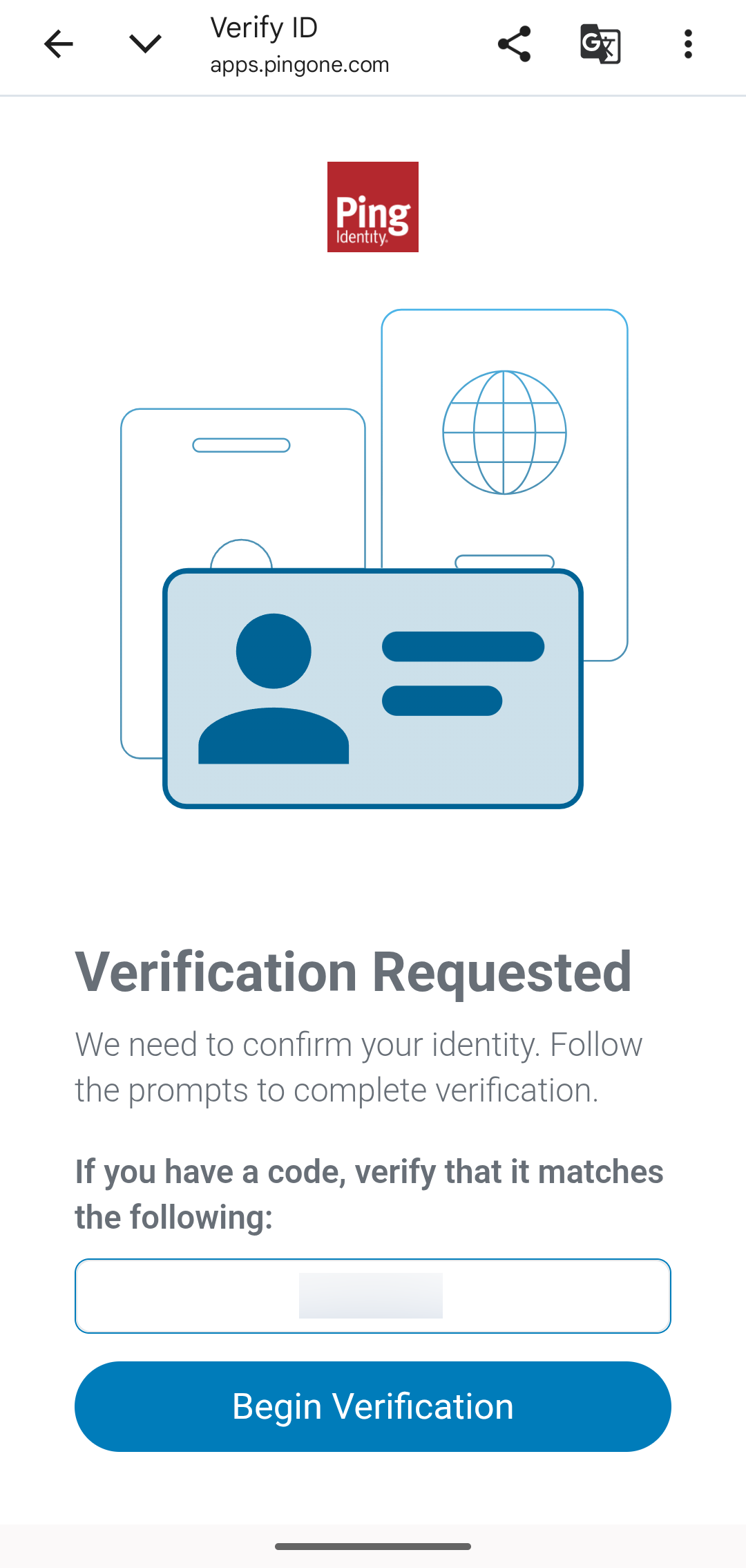 A screenshot of the Verification Requested screen on a mobile device with a Begin Verification button.