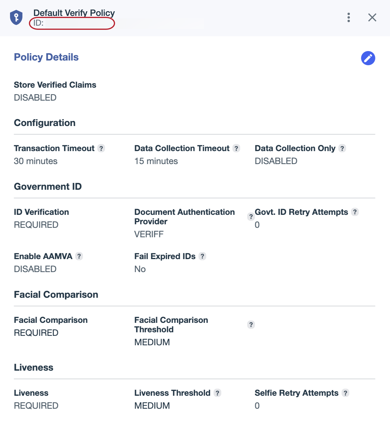 A screenshot of the Default Verify Policy details panel with the ID field highlighted.