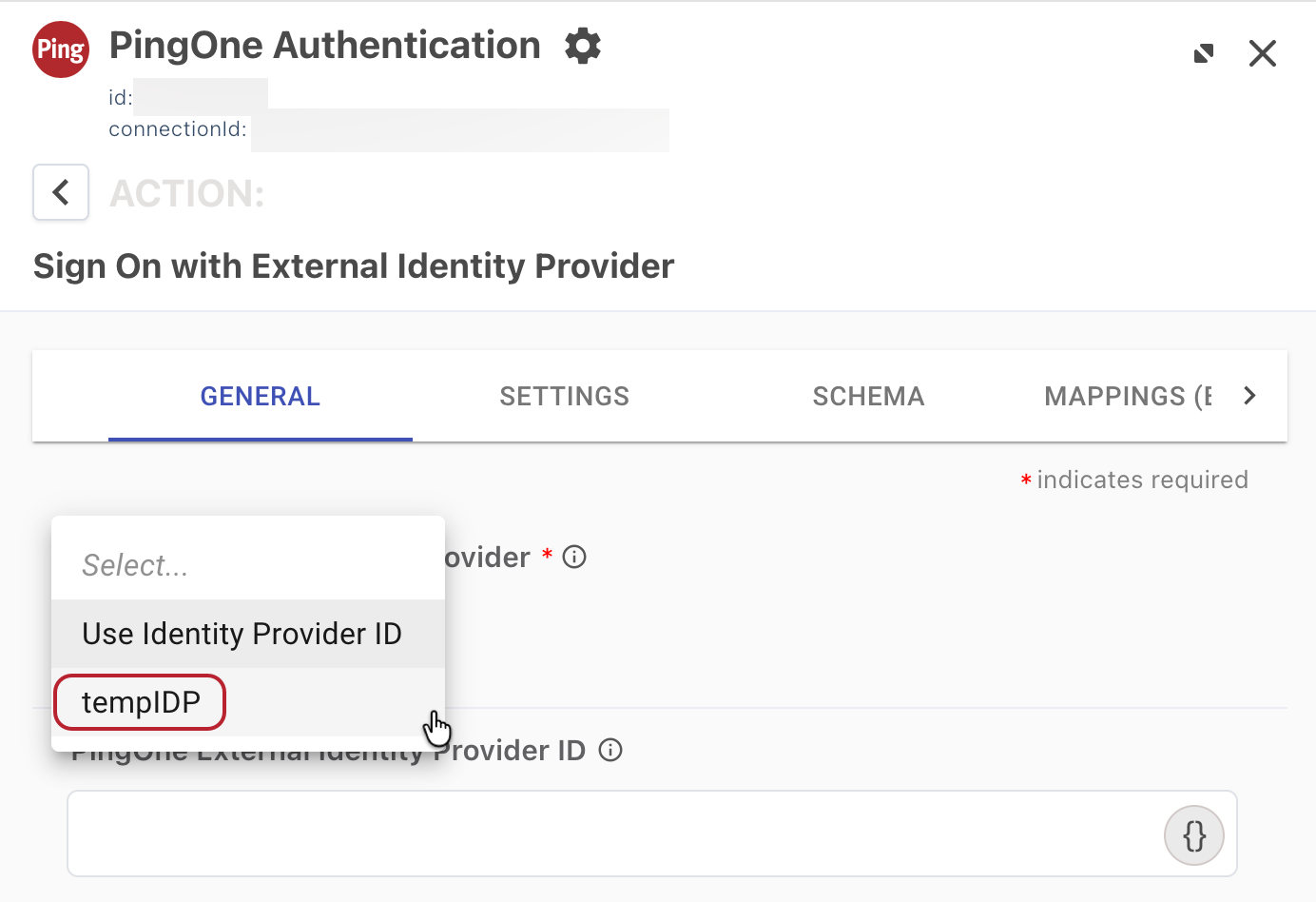 A screenshot of the configuration panel for the Sign On with External Identity Provider connector. The PingOne External Identity Provider list is open, with an example external IdP highlighted.