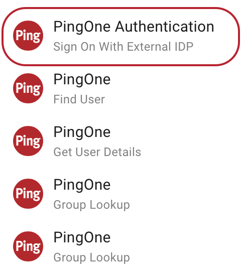 A screenshot of the options for the Choose Connector list for the p1UserId field. The PingOne Authentication - Sign On With External IDP node is highlighted.