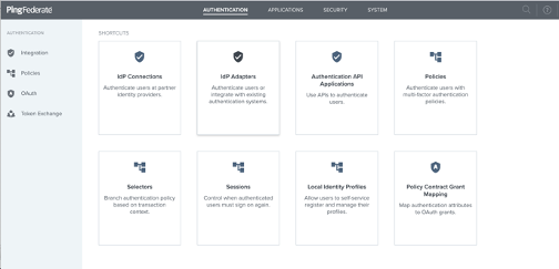 Screen capture of the Authentication window showing the IdP Adapters option as the second option in the first row.