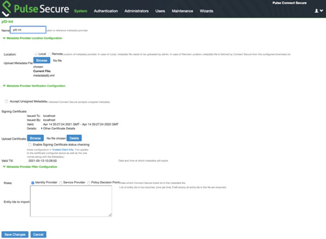 Screen capture of the Pulse Secure administrative console with the New Metadata Provider configuration fields displaying.