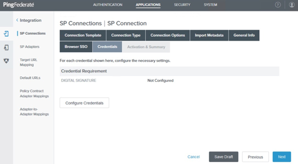 Screen capture of the administrative console on the Credentials tab showing the Configure Credentials button.