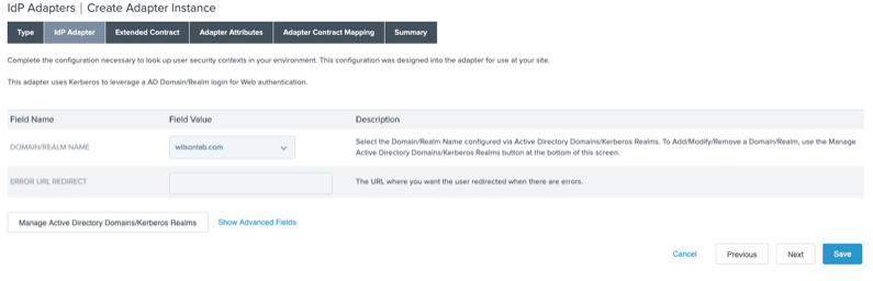 Screen capture of the IdP Adapter tab showing the Domain/Realm Name and Error URL redirect fields.