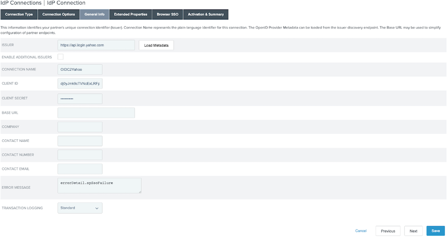 Screen capture of the General Info tab, showing the completed Issuer, Client ID, and Client Secret fields.