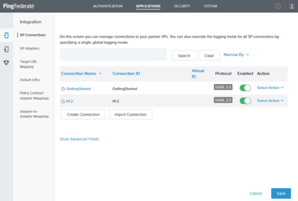 Screen capture of the administrative console on the SP Connection page displaying the Create Connection and Import Connection buttons.