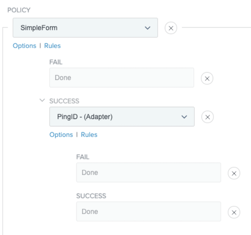 Screen capture illustrating the configured Policy fields for a custom authentication policy in . The Policy type shows SimpleForm. After this field are the Fail field set to Done and the Success field set to - Adapter. There are two hyperlinks below the Success field: Options and Rules. After the Success field are another pair of Fail and Success fields, both set to Done.