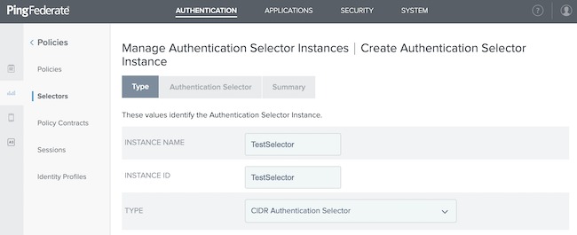 Screen capture illustrating the Selector Type fields of Instance Name, Instance ID, and Type