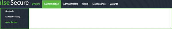 Screen capture of the Pulse Secure administrative console with the Authentication > Auth Servers screen displaying.