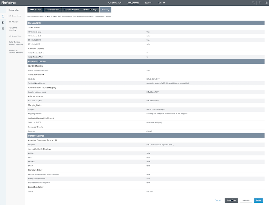 Screen capture of the Browser SSO Summary tab. The bottom of the screen capture shows a hyperlink option to Cancel and buttons for Save Draft, Previous, and Done.