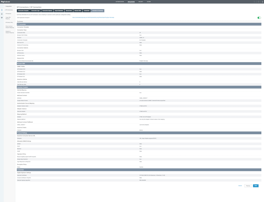 Screen capture of the Activation and Summary window showing the connection status as enabled.