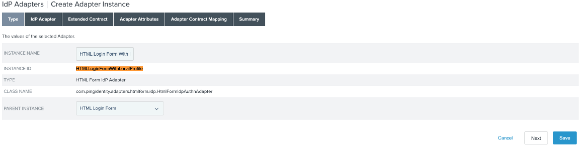 Screen capture of the Type ta showing the completed Instance Name, instance ID, Type, Class Name and Parent Instance fields.